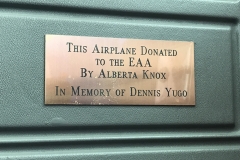 Our 172 was donated to EAA by a woman named Alberta Knox, in the memory of her longtime partner Dennis Yugo, a passionate pilot who loved flying Young Eagles. I look at this plaque and quietly thank a man I never met every time I fly that airplane.