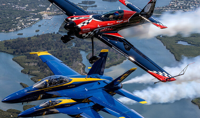 Aerobatic pilot Rob Holland flies with the Blue Angels.
